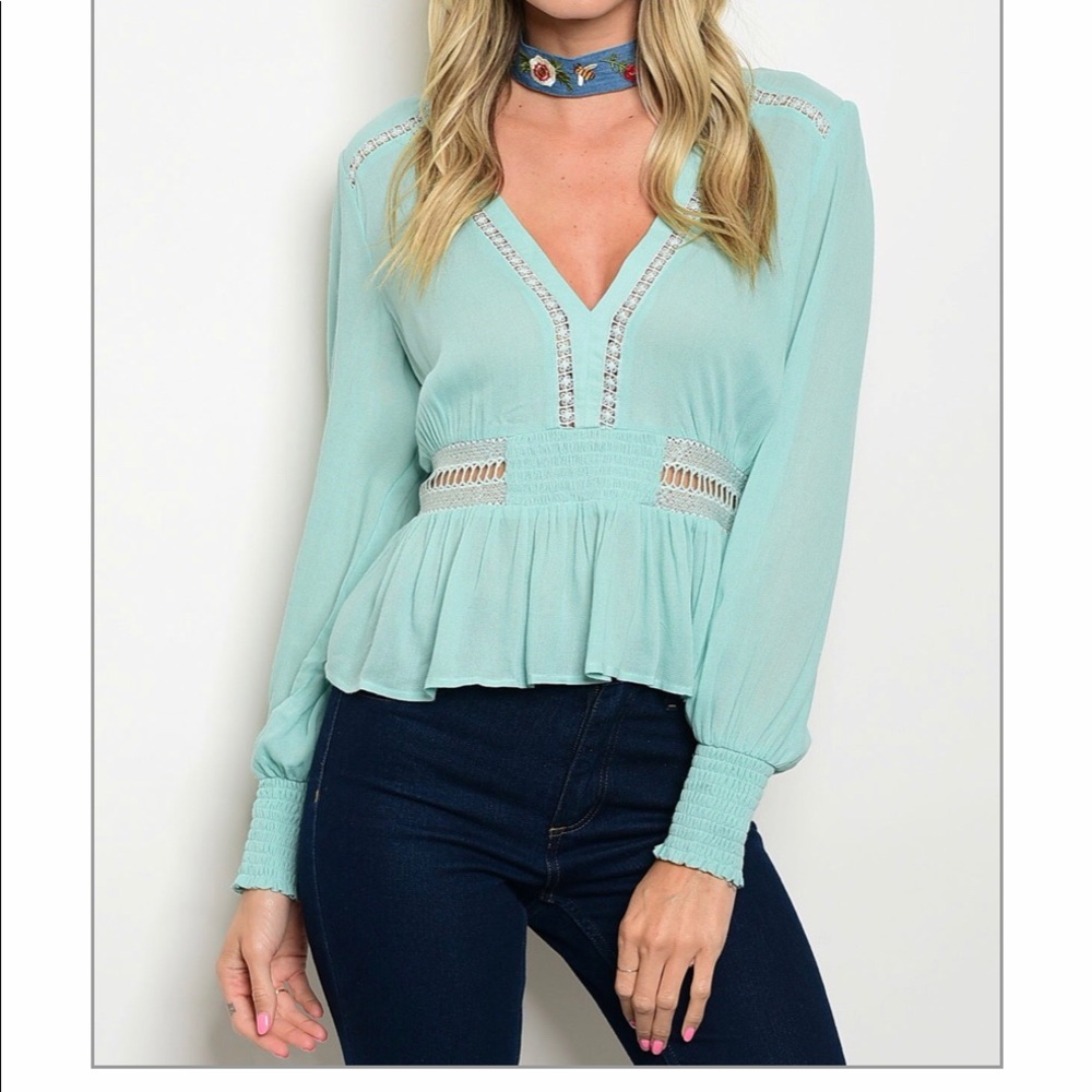 Boho Plunge Neckline Turquoise Top - Picture 2 of 8